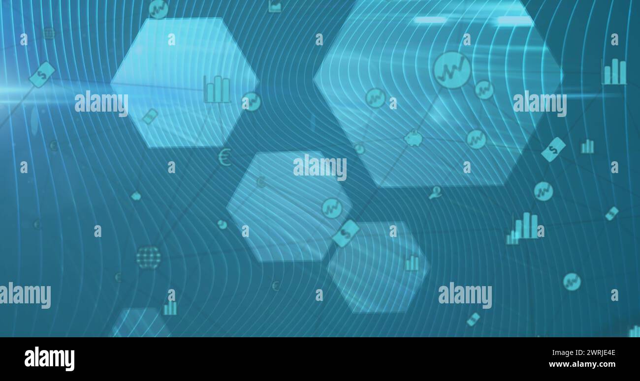 Image de réseau de connexions avec des icônes sur des hexagones bleus Banque D'Images