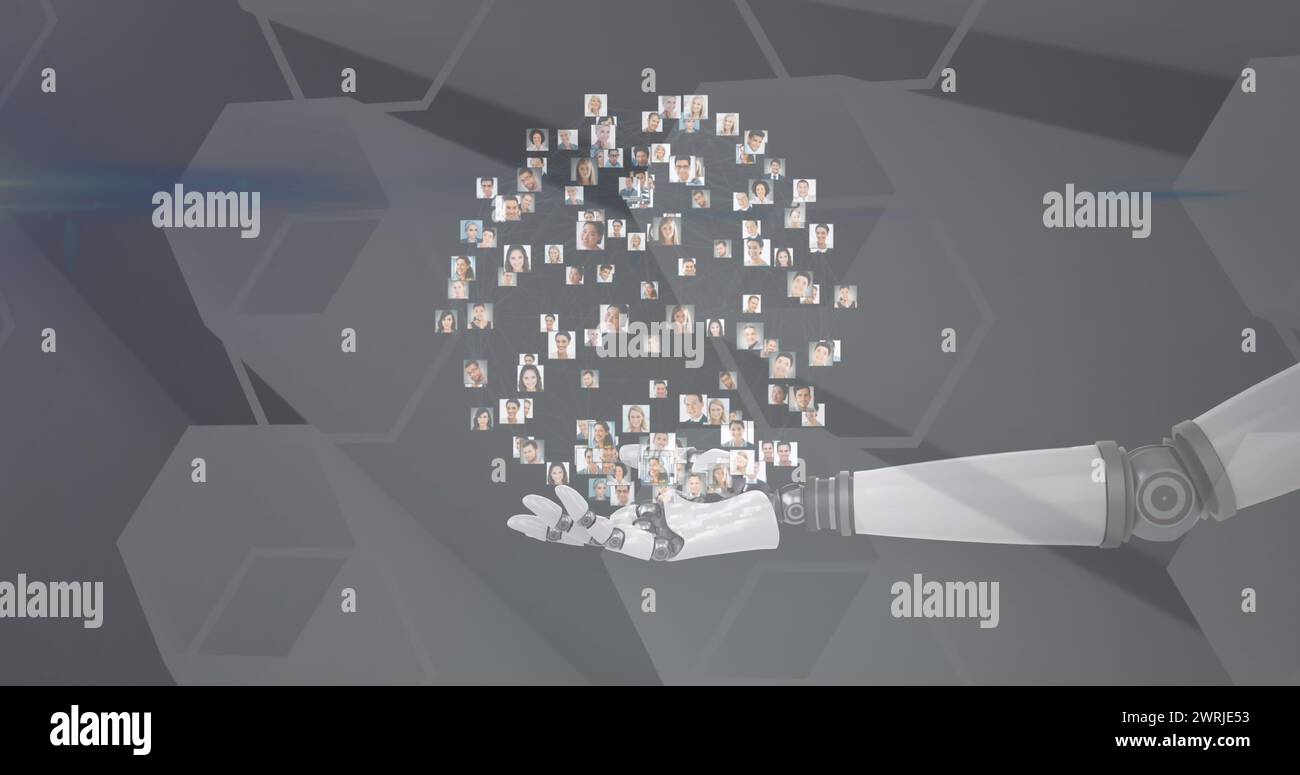 Image du globe de réseau de connexions avec des photos de personnes au-dessus du bras du robot Banque D'Images