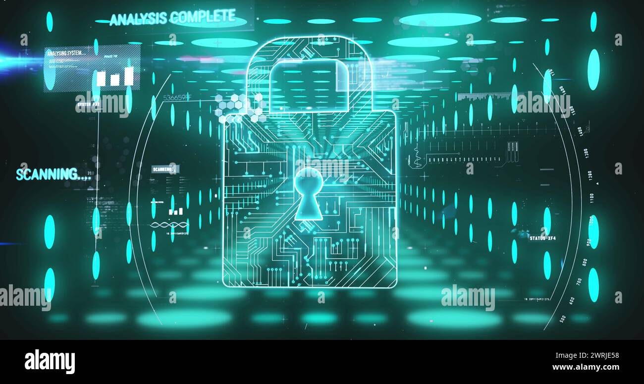 Image du cadenas et du traitement des données sur tunnel au néon Banque D'Images