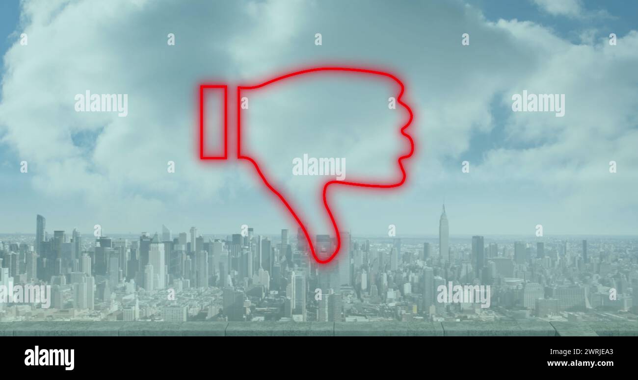Image de l'icône de néon rouge pouces vers le bas au-dessus du paysage urbain Banque D'Images