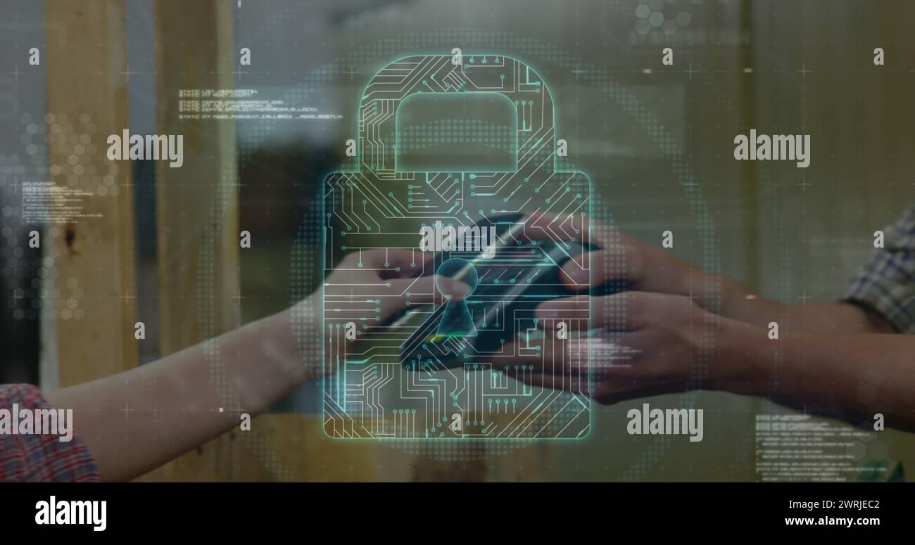 Image du cadenas de sécurité réseau sur les personnes utilisant le terminal de paiement Banque D'Images