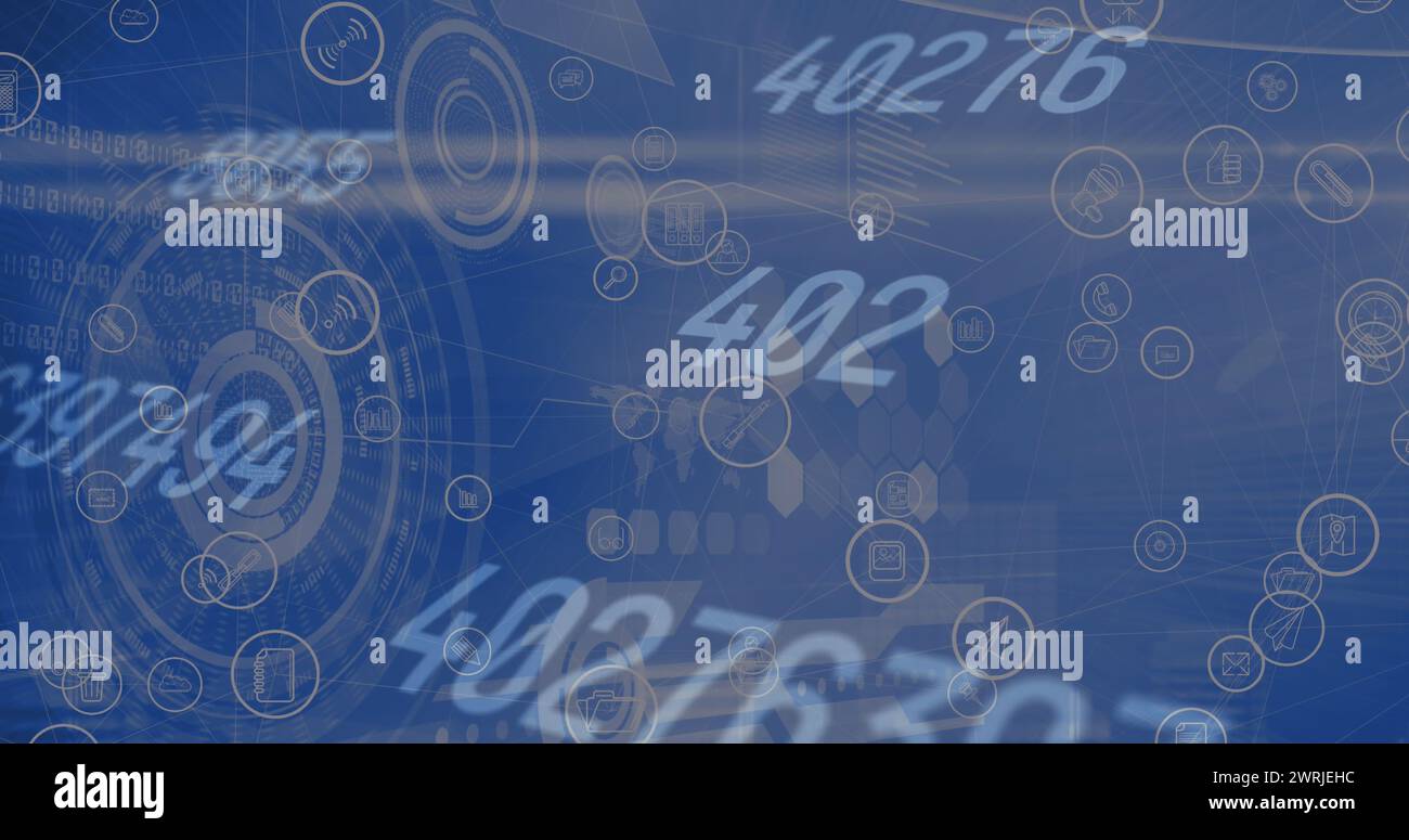 Image de nombres changeant et balayage de portée sur des icônes numériques Banque D'Images