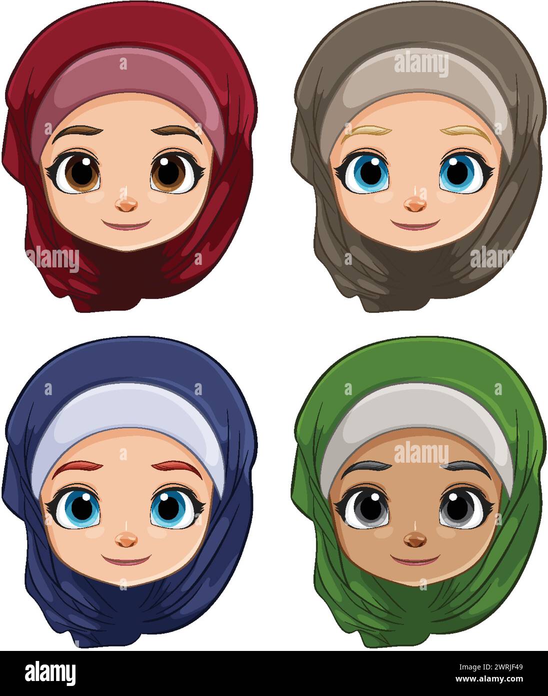 Quatre illustrations vectorielles de femmes portant des hijabs colorés. Illustration de Vecteur