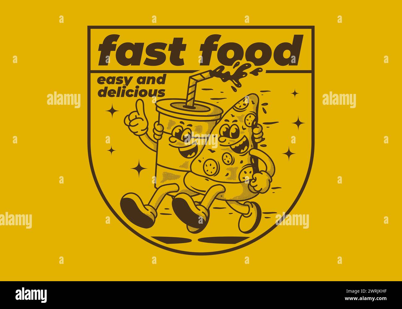 Restauration rapide, facile et délicieux. Illustration de personnage de mascotte de courir pizza et boisson non alcoolisée Illustration de Vecteur
