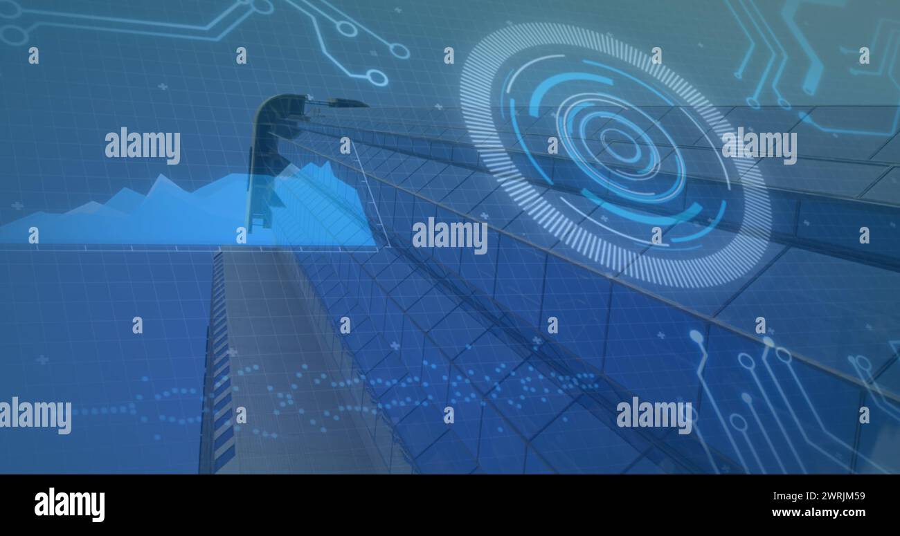 Illustration de la numérisation de l'oscilloscope et du traitement des données avec des éléments de processeur sur un gratte-ciel moderne Banque D'Images