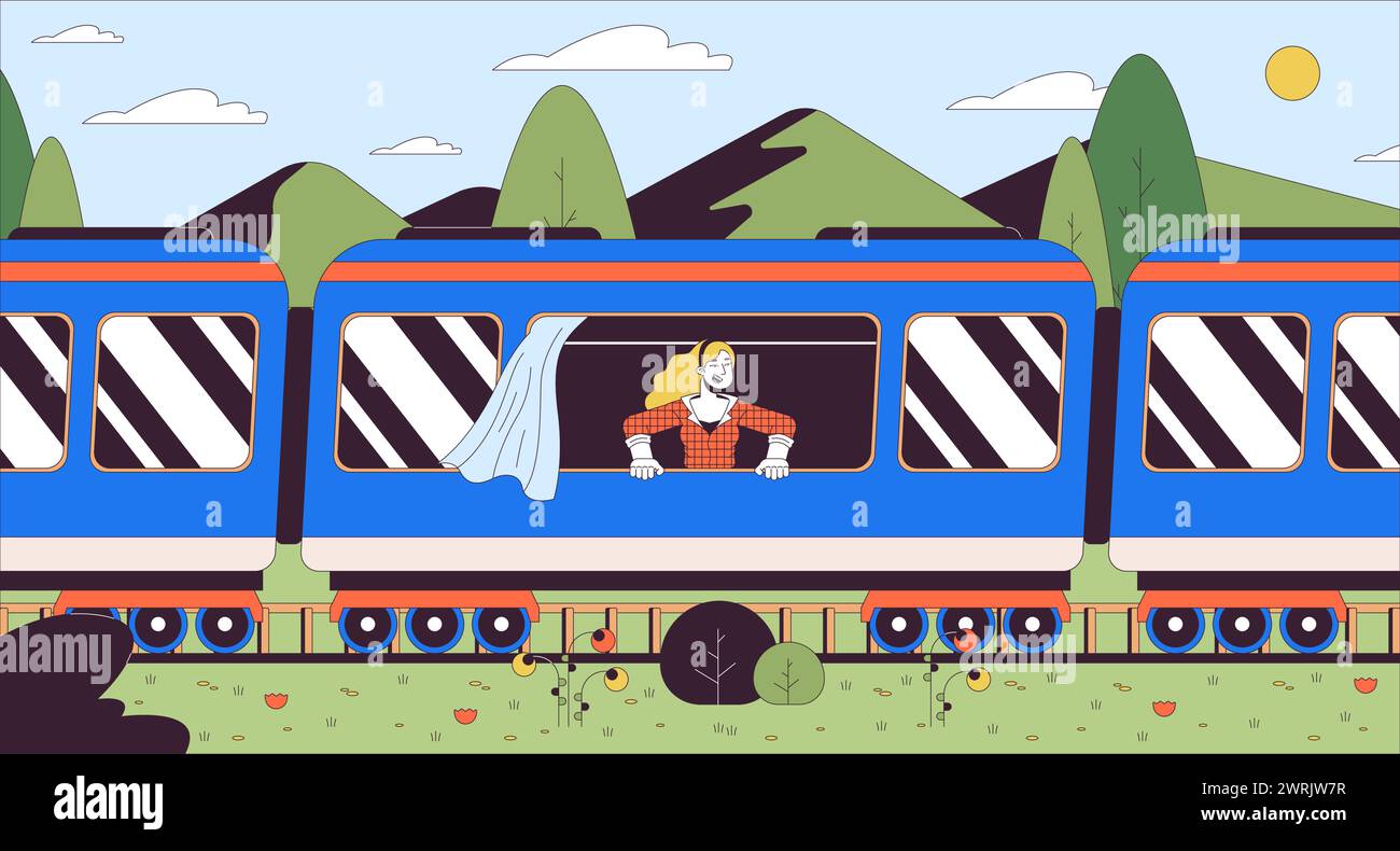 Regarder hors de la fenêtre du train illustration plate de dessin animé Illustration de Vecteur