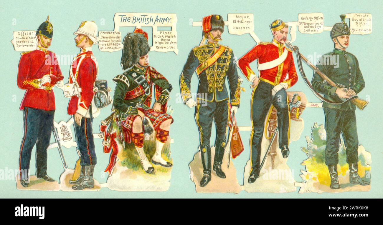 Copeaux chromolithographiés découpés à l'emporte-pièce d'une feuille de l'armée britannique publiée par Raphael Tuck vers 1885 Banque D'Images