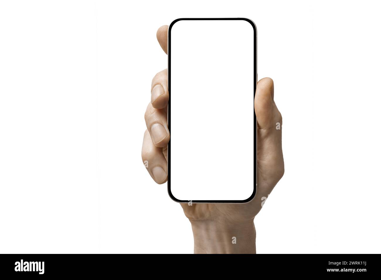 un téléphone dans une main sur un fond blanc Banque D'Images