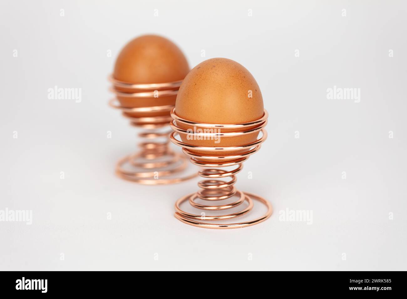deux grands œufs fermiers en or rose ou en cuivre spiralé coquetiers sur un fond pâle modifiable Banque D'Images