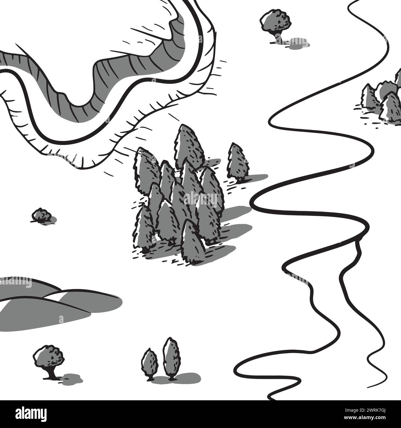 Illustration vectorielle. Paysage avec une rivière et des arbres vue de dessus. Illustration de Vecteur