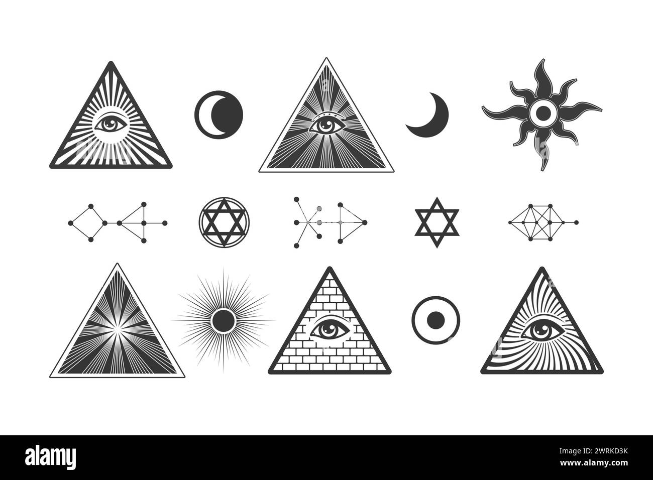 Ensemble de symboles occultes Illuminati, franc-maçons pyramide oculaire tout voyant, éléments vectoriels isolent sur blanc Illustration de Vecteur