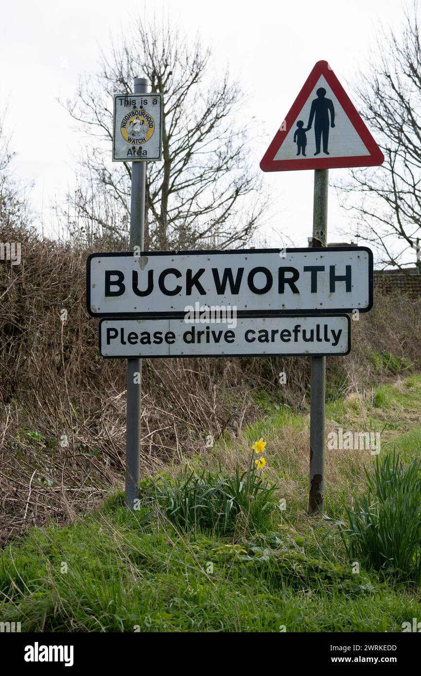 Panneau du village de Buckworth, Cambridgeshire, Angleterre, Royaume-Uni Banque D'Images