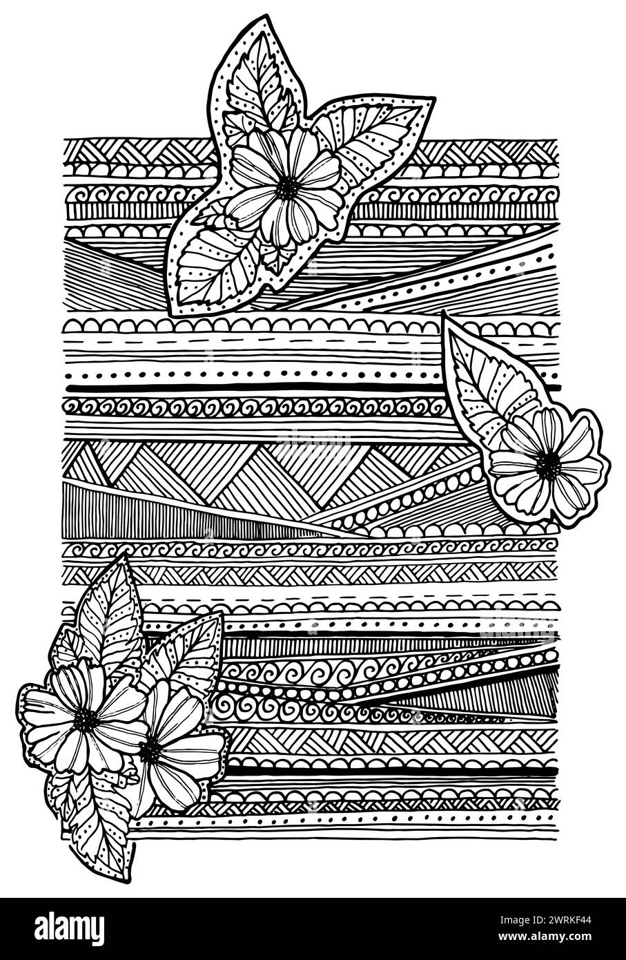 Fleurs stylisées sur un fond de motifs géométriques, vue de dessus Banque D'Images