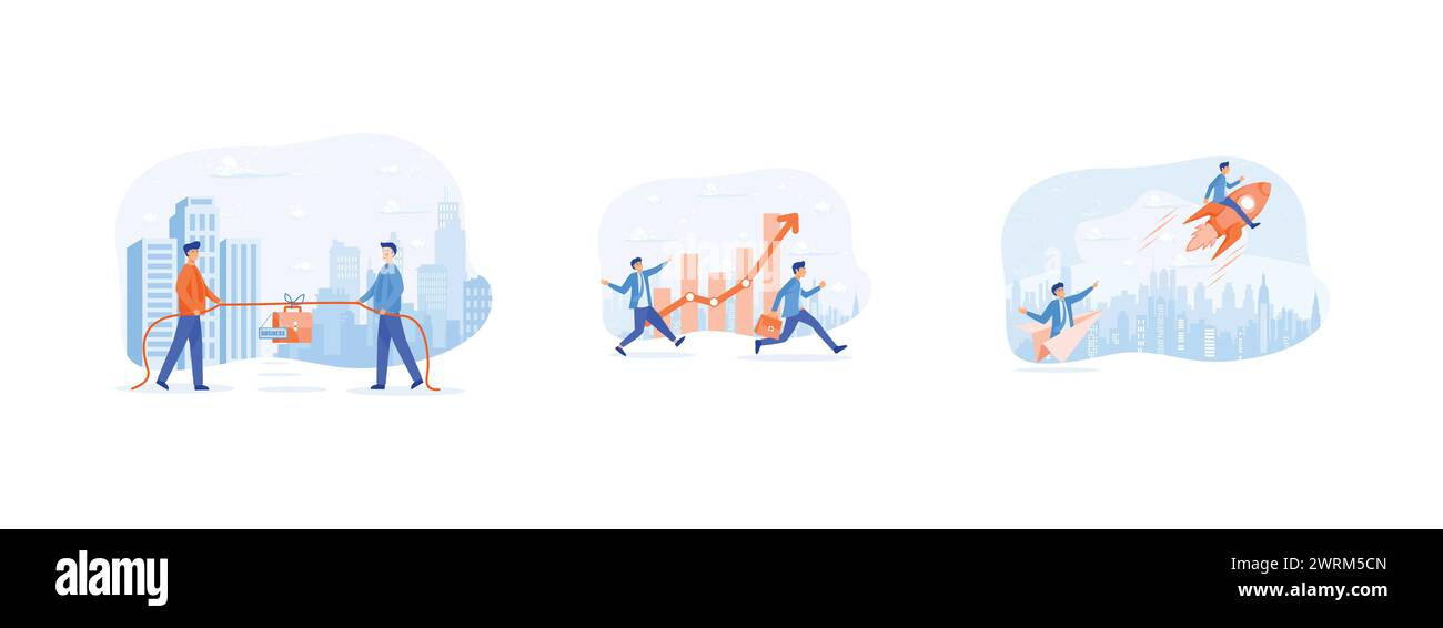 Concurrence d'hommes d'affaires dans le concept d'affaires, homme d'affaires concurrentiel avec les affaires sur le graphique cible, homme d'affaires chevauchant la fusée rapide pour gagner contre OTHE Illustration de Vecteur