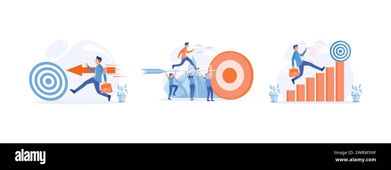 Super homme d'affaires exécutant et brisant le tir à l'arc cible à succès, concept de réalisation des objectifs d'affaires, croissance du concept d'affaires à la réussite, créatif Illustration de Vecteur