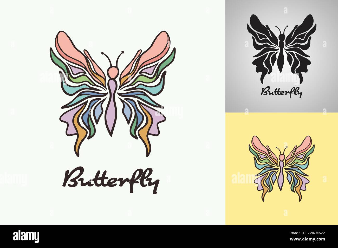 Papillons colorés avec le mot « papillon » écrit en dessous. Ensemble de papillons silhouette de style griffonnage Illustration de Vecteur