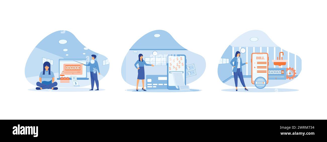 Services ménagers en ligne, femme payant des factures en ligne, facture d'utilité publique dans l'application de téléphone intelligent. Factures d'utilité publique ensemble vecteur plat illustration moderne Illustration de Vecteur