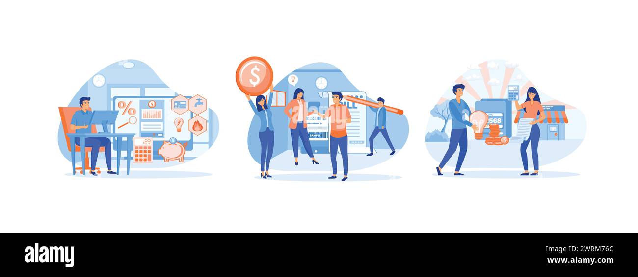 Vérifier et payer les factures de services publics en ligne sur son ordinateur, paiement des factures de services publics, hommes et femmes paient les services publics ensemble. Factures de services publics définies vecteur plat Mo Illustration de Vecteur