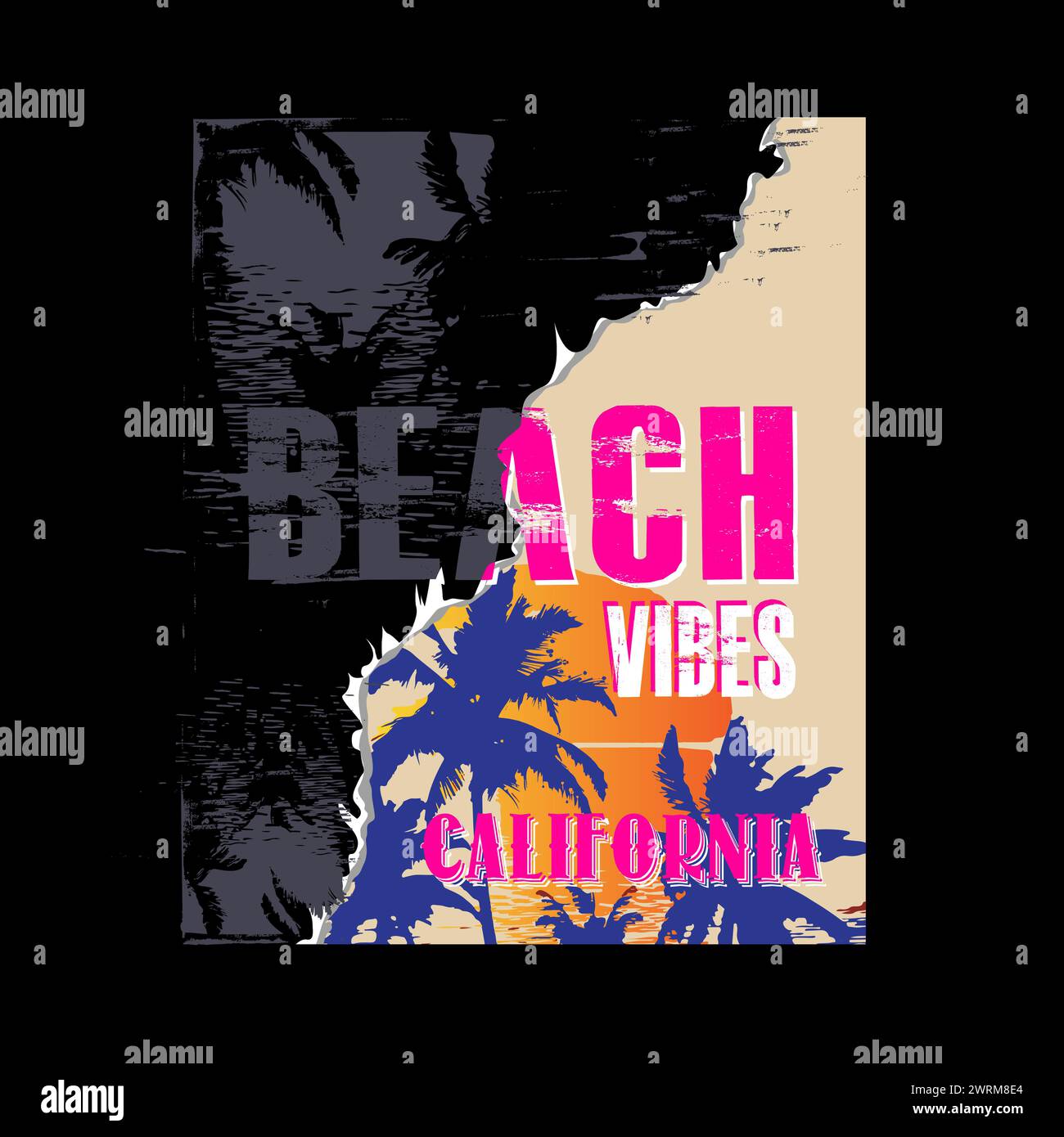 Beach Vibes California Torn Poster typographique Palm Tree illustration vectorielle conception graphique pour la conception vectorielle d'impression t-shirt Illustration de Vecteur