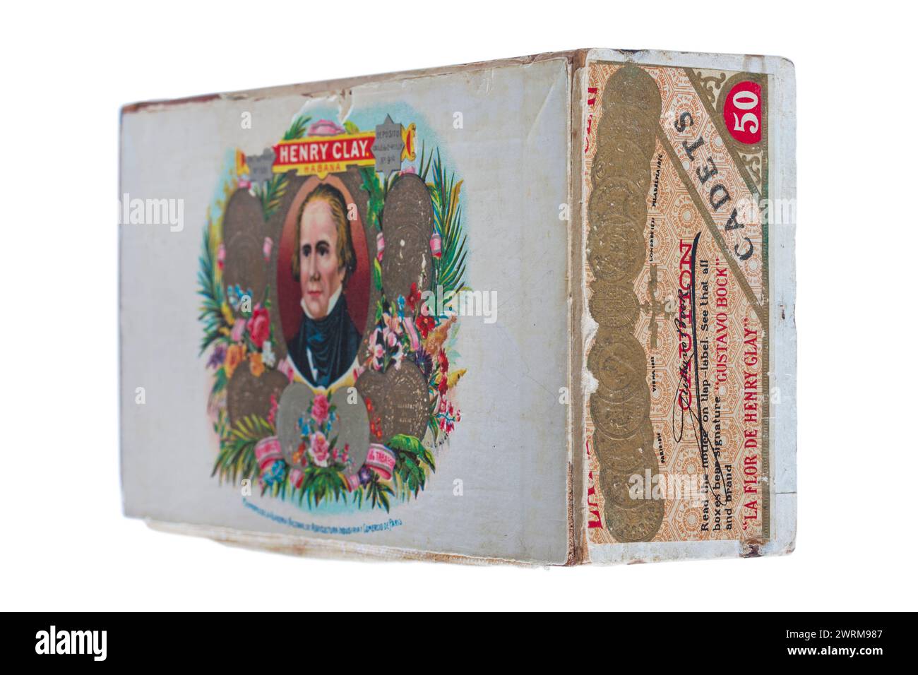 Boîte à cigares Old vintage Henry Clay Habana isolée sur fond blanc Banque D'Images