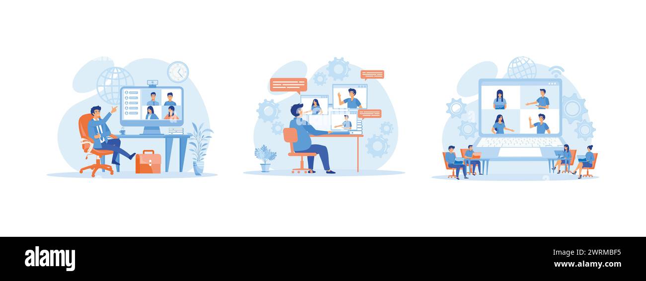 Travailleur utilisant un ordinateur pour réunion virtuelle collective et visioconférence de groupe, ordinateur portable pour réunion vidéo avec des collègues et des amis, affaires en ligne Illustration de Vecteur