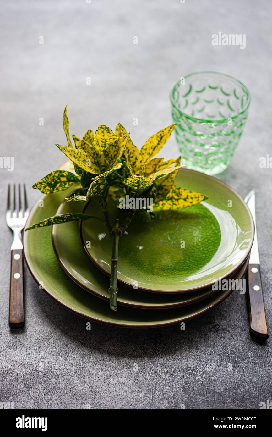 Table élégante avec assiettes en céramique vert vif, plante décorative, couverts et verre à motifs sur une surface texturée. Banque D'Images