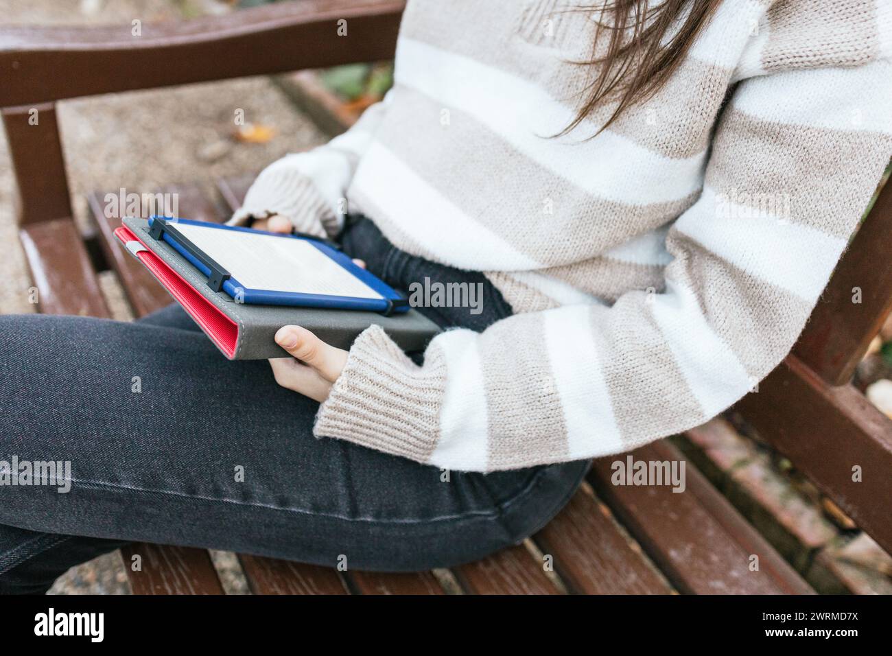 Une personne anonyme est assise sur un banc engrossé dans une liseuse, avec des feuilles d'automne en arrière-plan. Banque D'Images