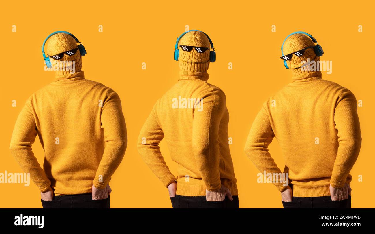 Trois poses d'un homme arborant un pull jaune vif, des lunettes de soleil pixel et des écouteurs bleus sur un fond orange. Banque D'Images