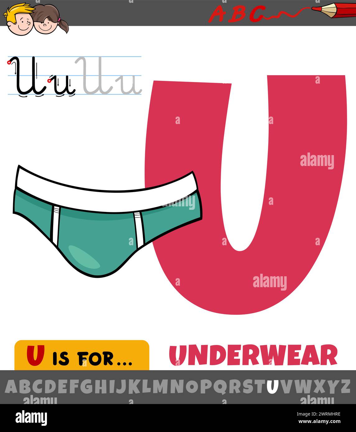 Illustration éducative de dessin animé de la lettre U de l'alphabet avec objet de sous-vêtements Illustration de Vecteur