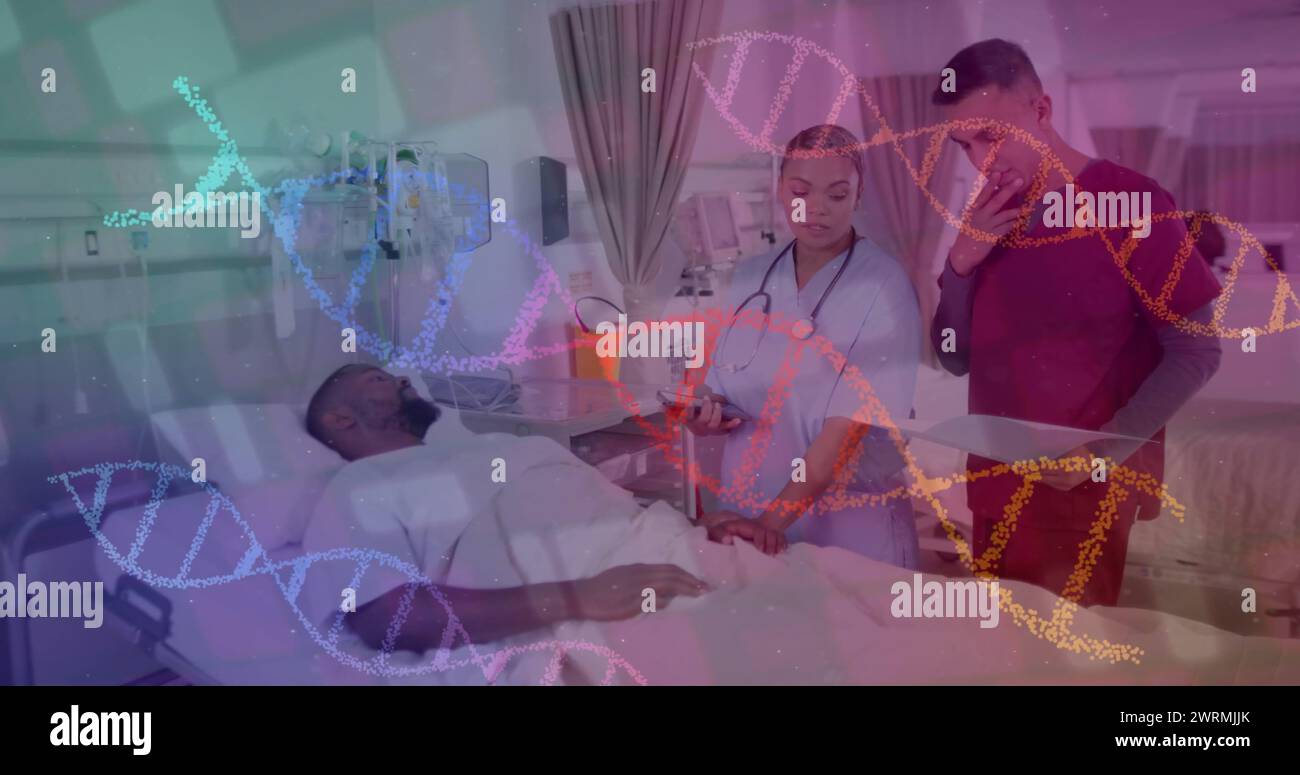 Image du brin d'adn sur divers patients masculins et médecins hospitaliers Banque D'Images