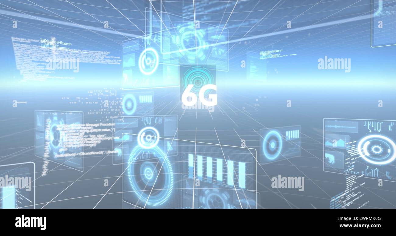 Image d'écrans d'interface lumineux avec des informations et du texte 6g se déplaçant sur un arrière-plan sombre Banque D'Images