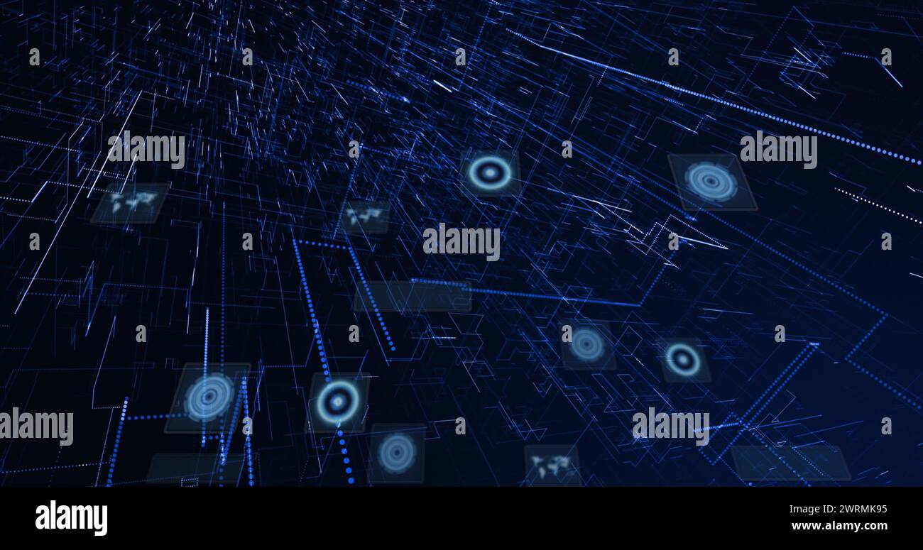 Image des oscilloscopes scannant et traitant les données sur fond sombre Banque D'Images
