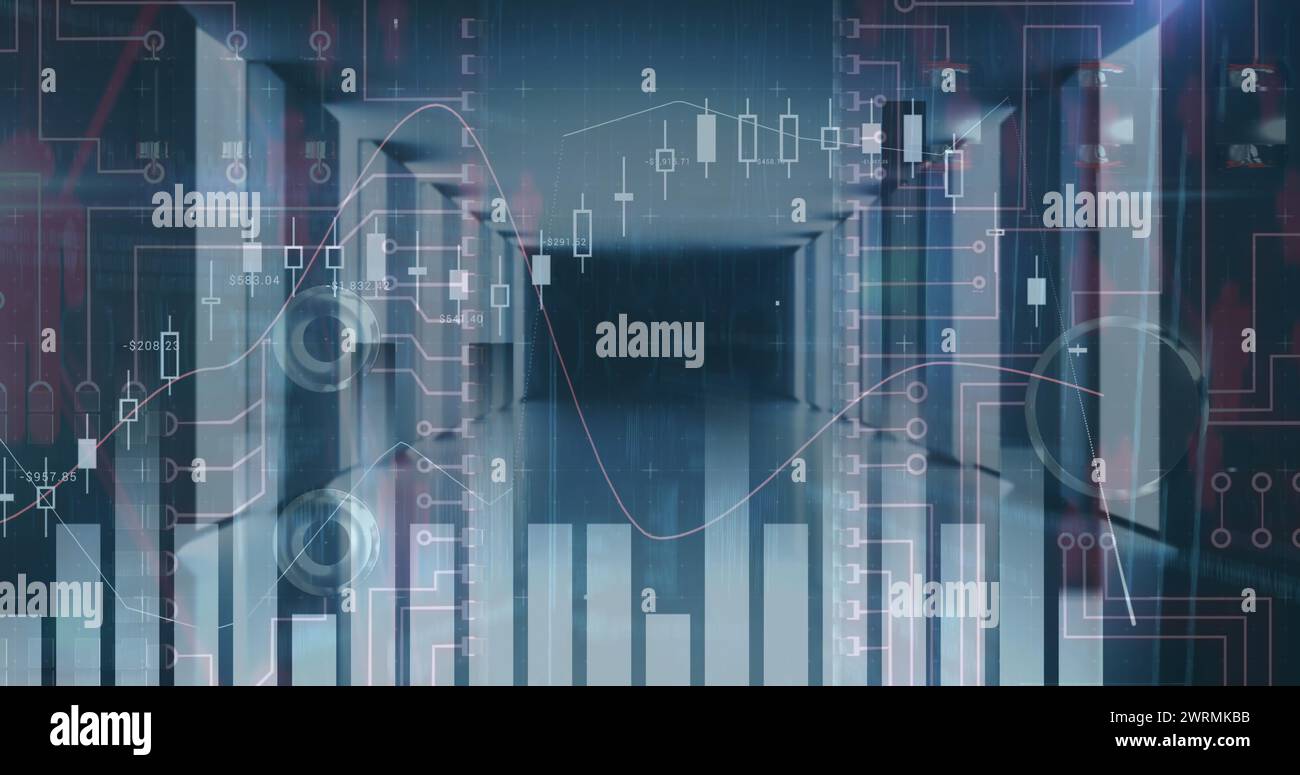 Image numérique du traitement des données financières dans une salle de serveurs vide Banque D'Images
