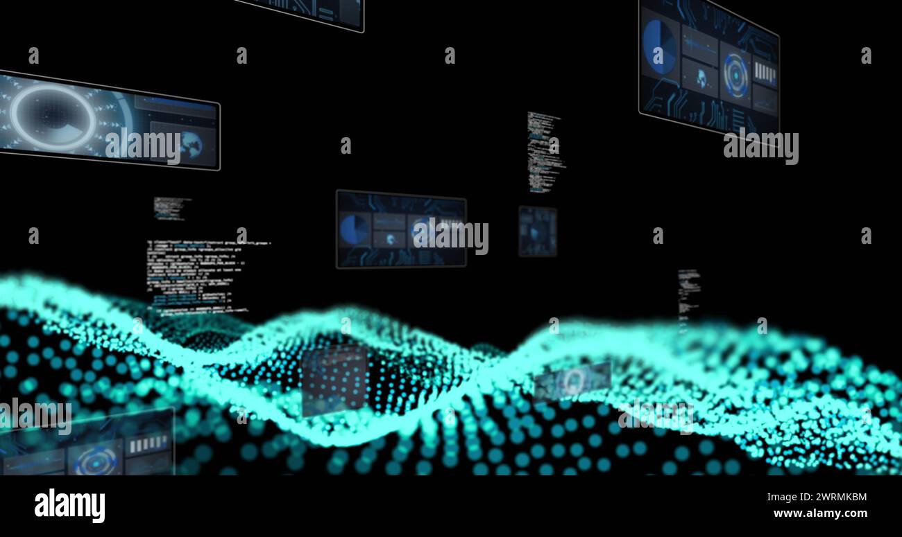 Image des oscilloscopes scannant et traitant les données sur fond sombre Banque D'Images