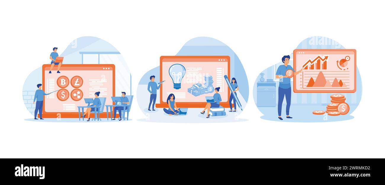 Éducation financière. Étudier la littératie financière. Éducation financière. Ensemble d'éducation financière vecteur plat illustration moderne Illustration de Vecteur