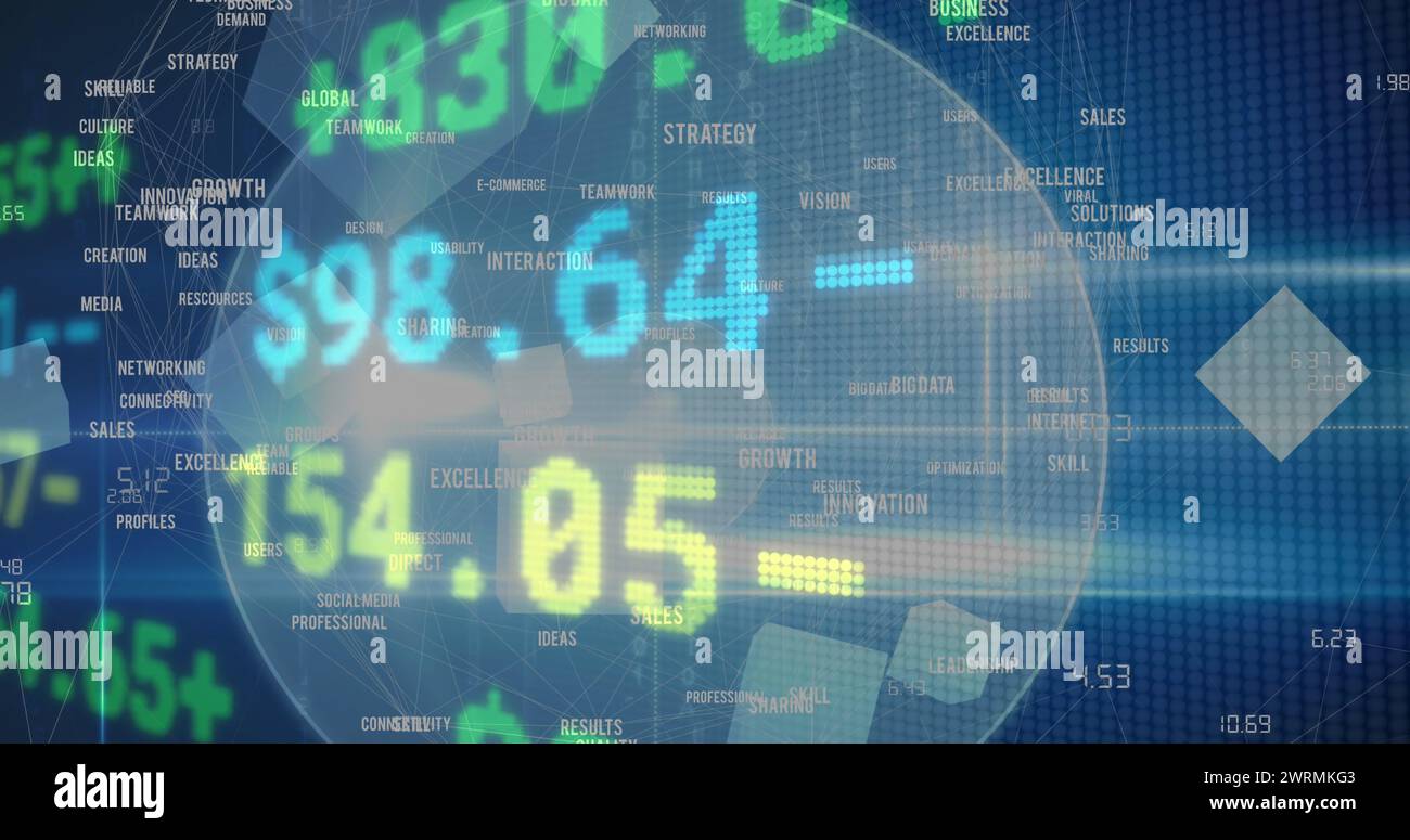 Image du traitement des données financières, texte professionnel sur fond bleu Banque D'Images