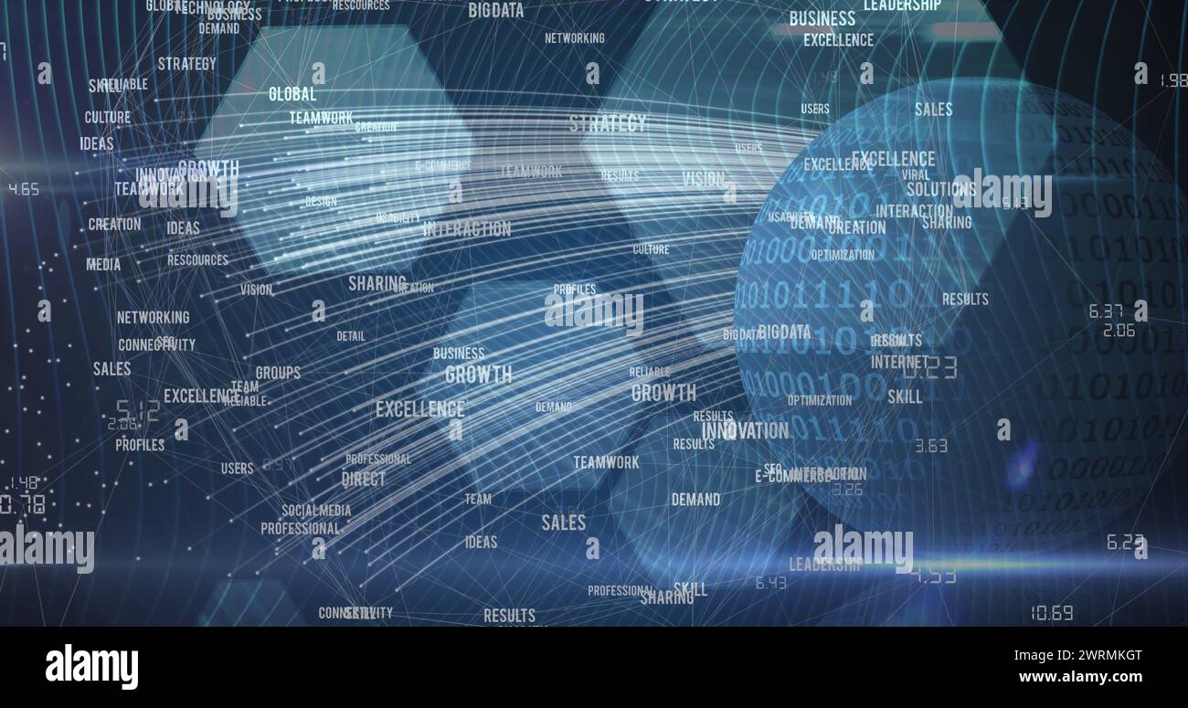 Image de texte professionnel et de traces lumineuses sur le globe avec codage binaire Banque D'Images
