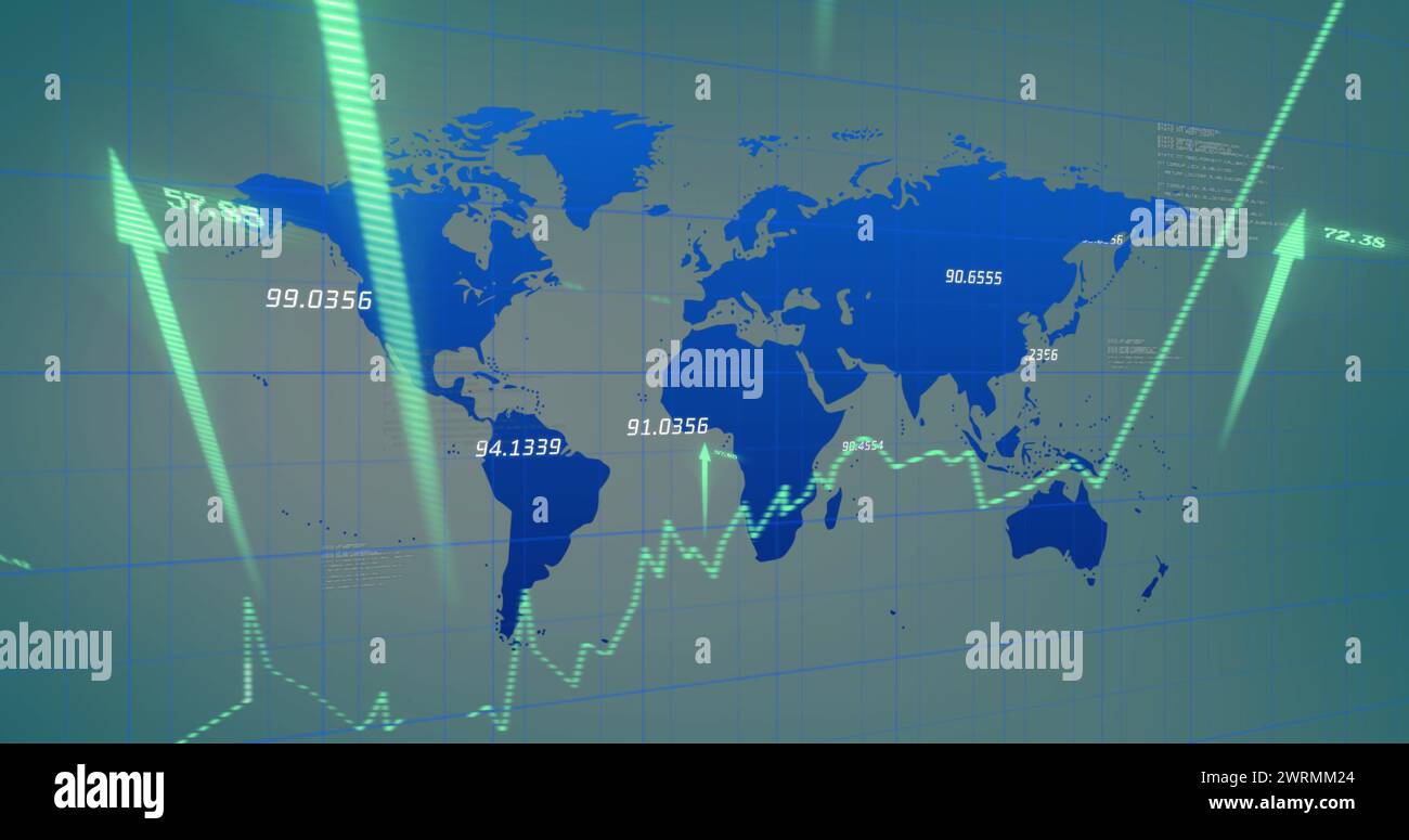 Image des flèches et du traitement des données sur la carte du monde Banque D'Images