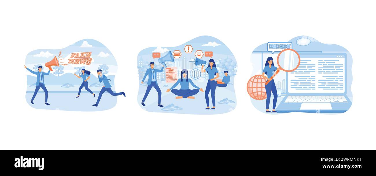 Fausses nouvelles ou informations trompeuses. Arrêtez de répandre du canular et des fausses nouvelles. Femme avec la loupe recherche sur les fausses nouvelles se répand dans les médias sociaux. définir Illustration de Vecteur