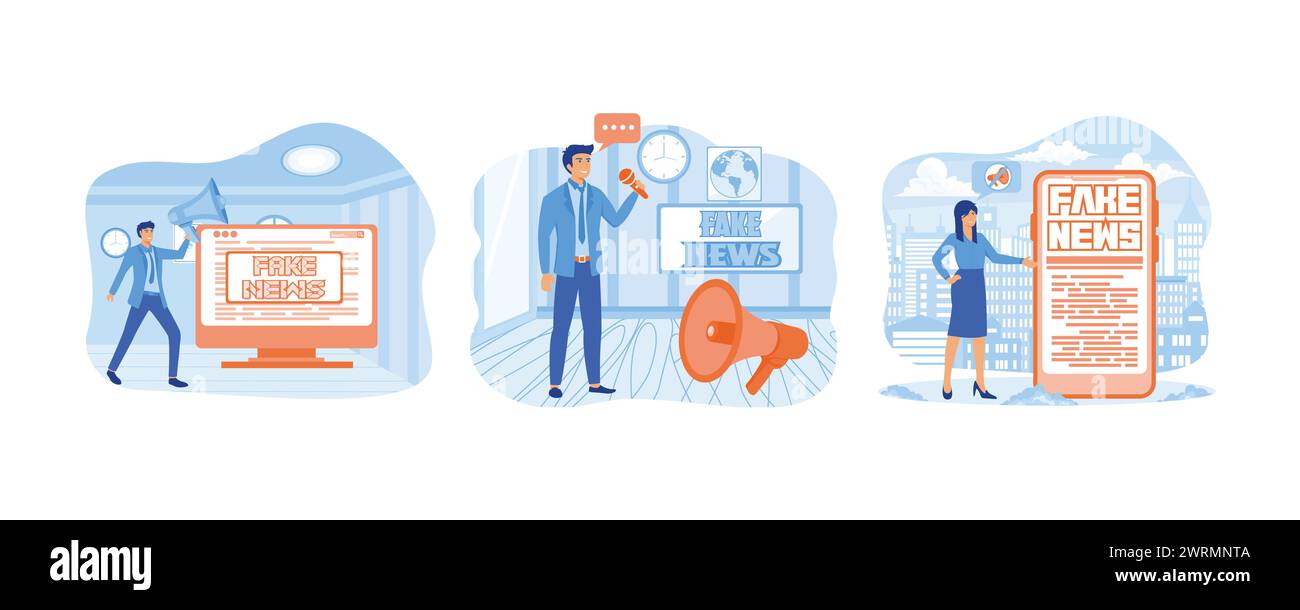 Arrêtez les fausses nouvelles. Informations trompeuses. Médias de masse, informations en ligne chaudes, bulletins de propagande. définir illustration moderne vectorielle plate Illustration de Vecteur