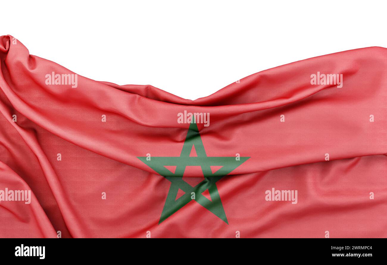 Drapeau du Maroc isolé sur fond blanc avec espace de copie au-dessus. Rendu 3D. Banque D'Images