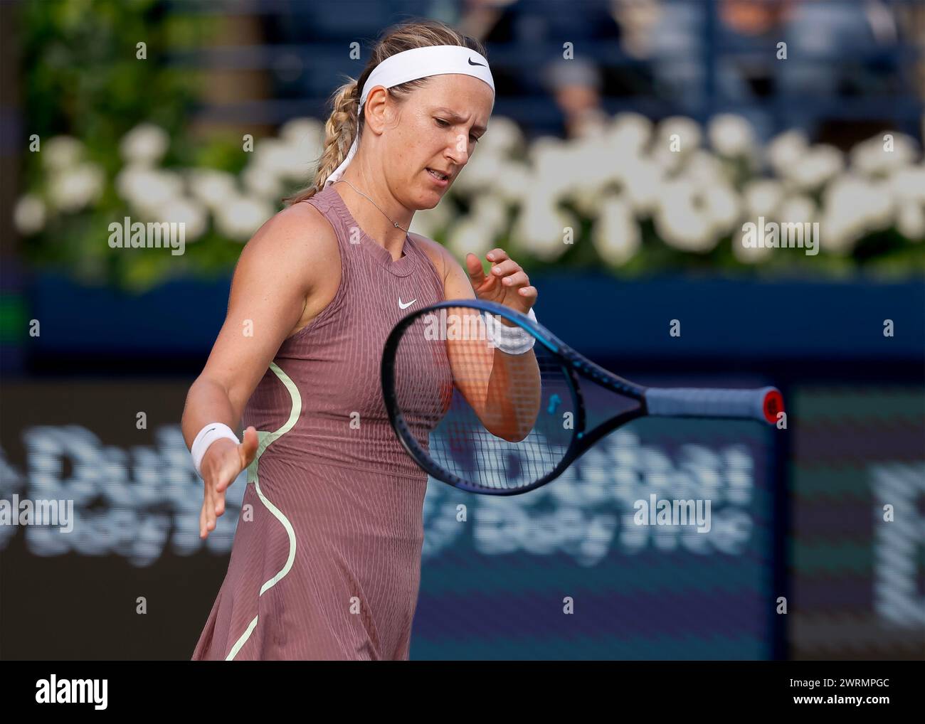 Victoria Azarenka réagit au Dubaï Duty Free Tennis Championships 2024, Dubaï, U.A.E. Banque D'Images