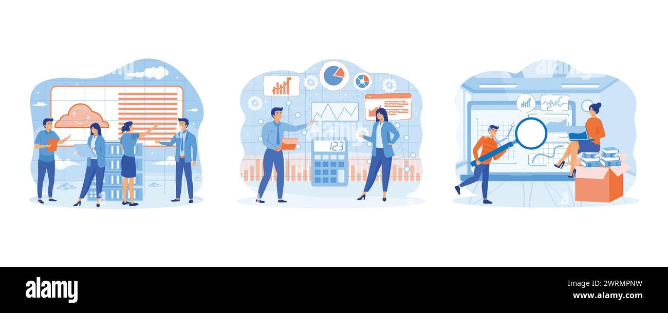 Visualisation des données. Analyse des données. Personnages de personnes travaillant avec la visualisation de données, analysant des tableaux, des graphiques et des graphiques sur le tableau de bord de l'entreprise. régler f Illustration de Vecteur