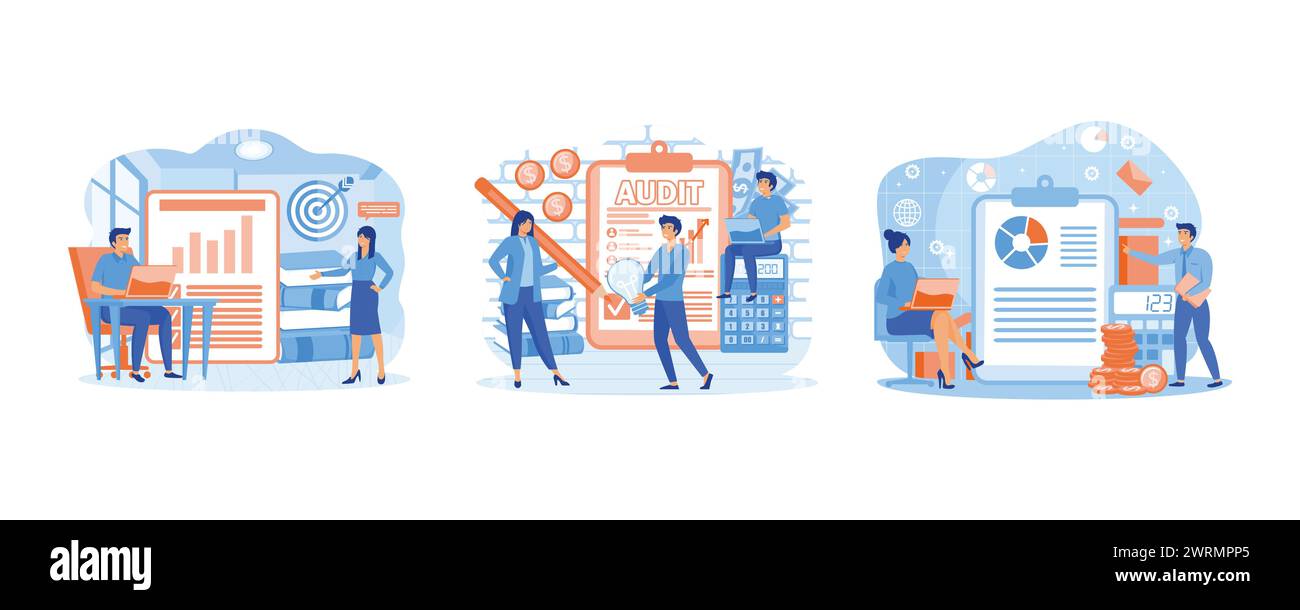 Concept d'audit. Recherche et analyse des opérations commerciales. Inspection financière. Définir illustration moderne vectorielle plate Illustration de Vecteur