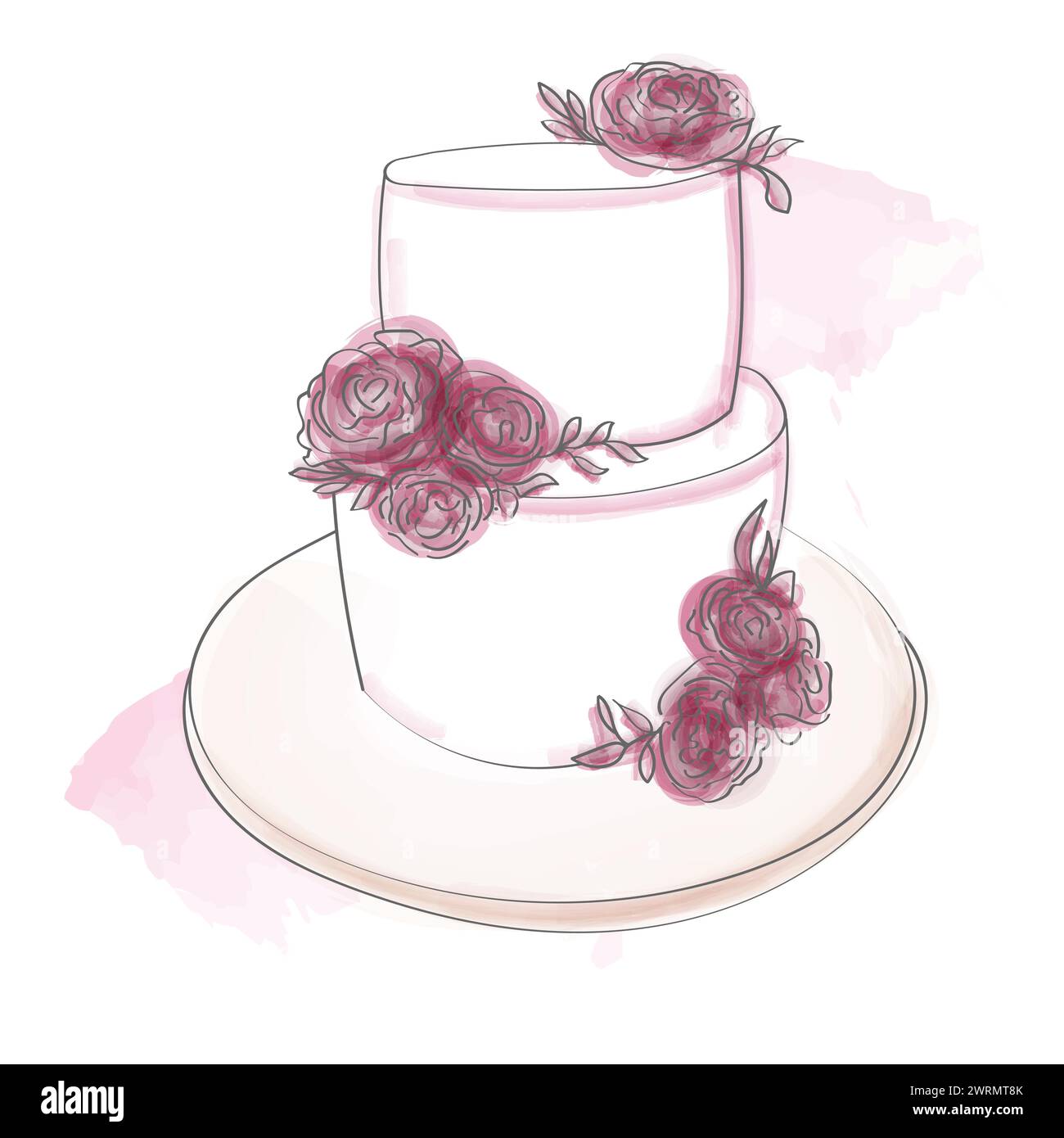 Un dessin aquarelle peint à la main d'un gâteau de mariage orné de roses délicates. Les détails complexes et les couleurs vibrantes donnent vie à cette interprétation artistique Illustration de Vecteur