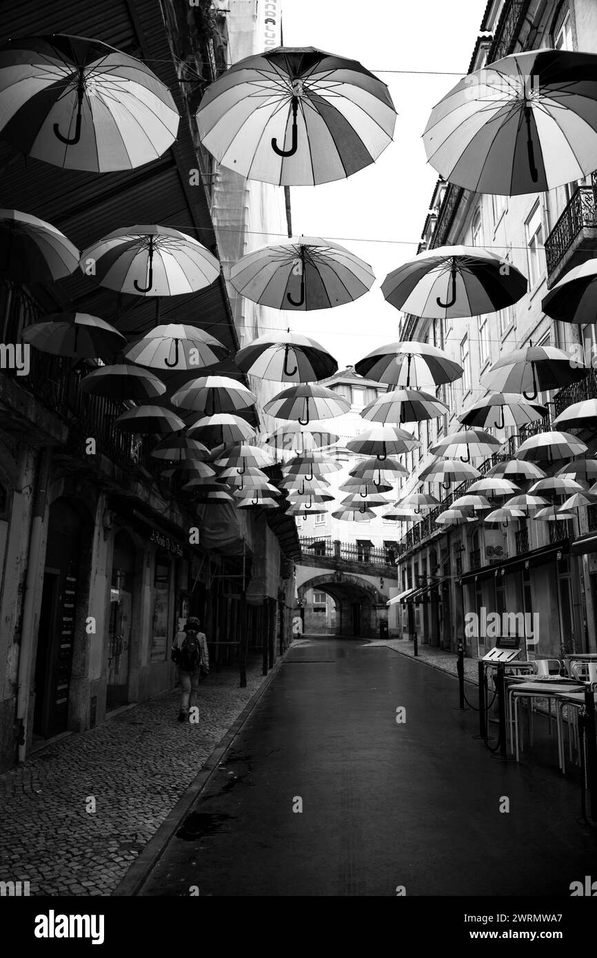 La photo en noir et blanc capture le charme de la rue rose de Lisbonne Banque D'Images