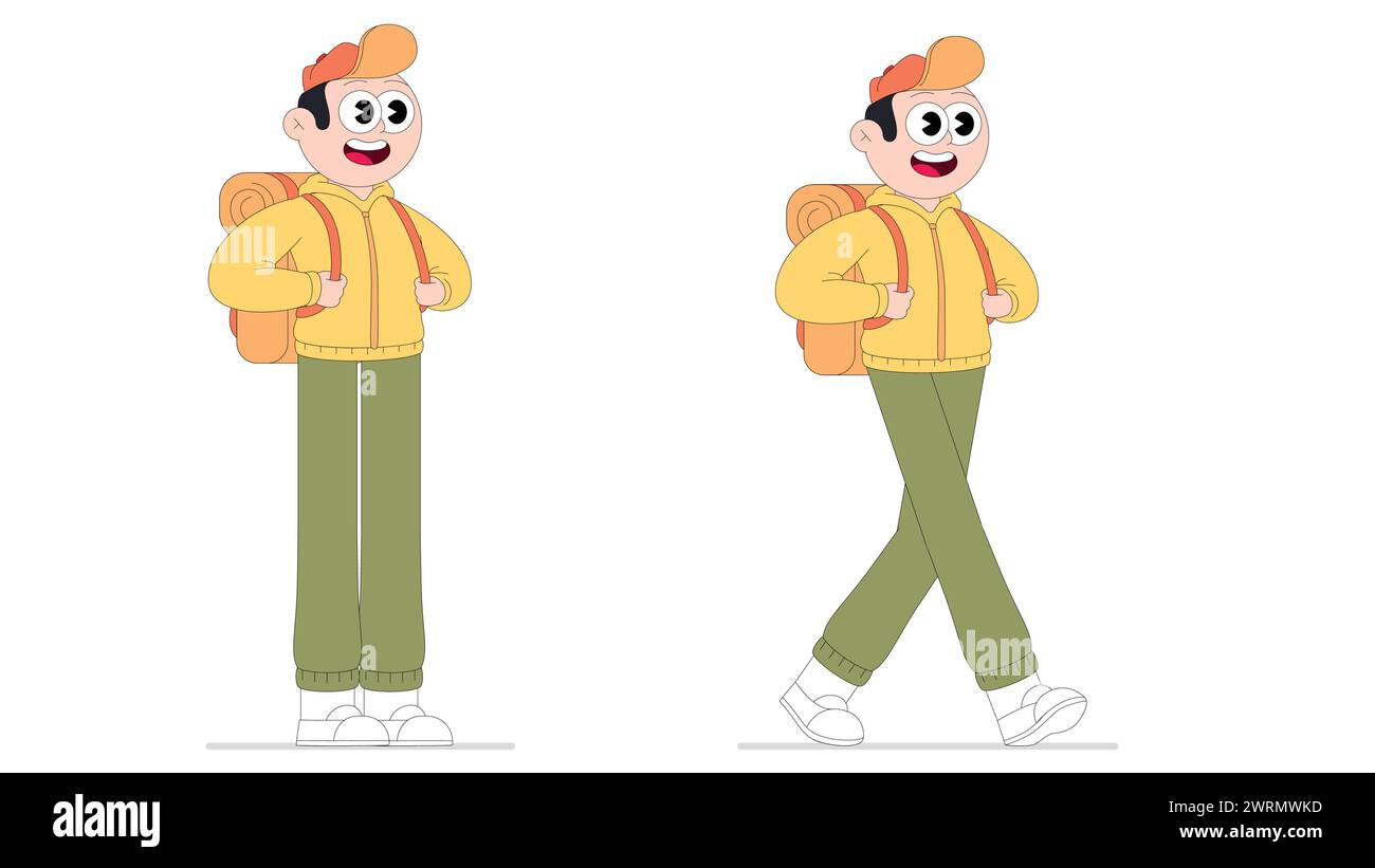 Jeune garçon touristique avec sac à dos en posture debout et marchant, illustration vectorielle. Illustration de Vecteur