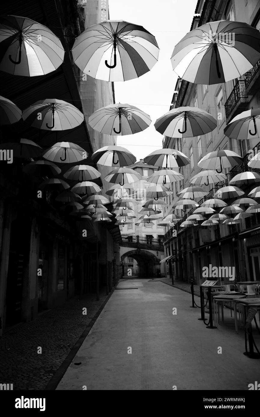 La photo en noir et blanc capture le charme de la rue rose de Lisbonne Banque D'Images