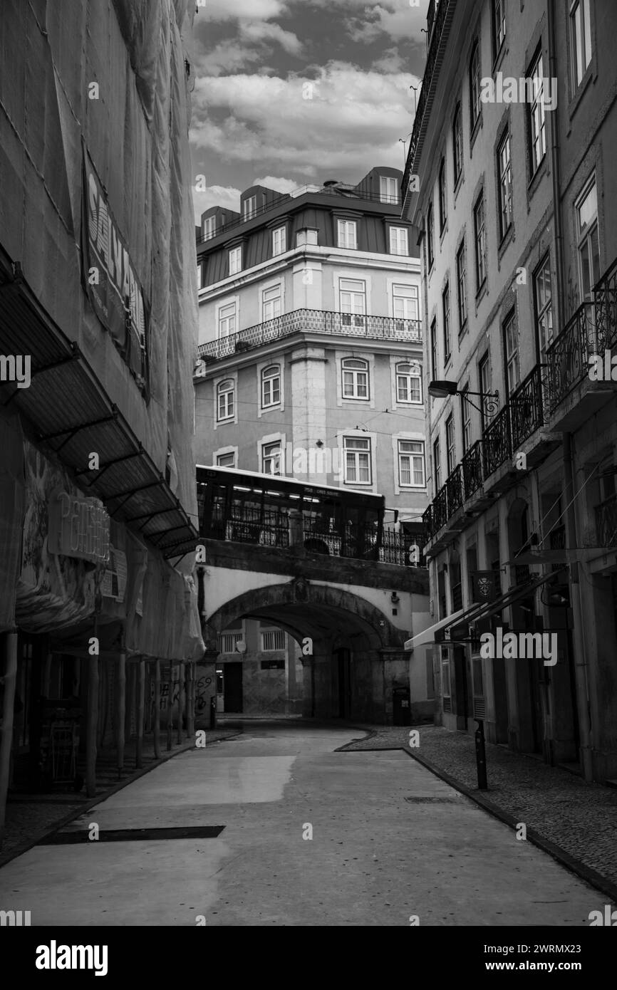 La photo en noir et blanc capture le charme de la rue rose de Lisbonne Banque D'Images