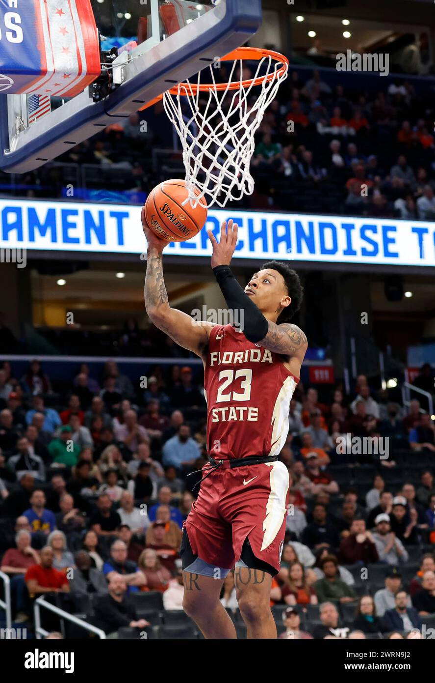 13 mars 2024 : Primo Spears, gardien des Seminoles de Floride (23 ans), se rend au panier lors d'un match du tournoi de basket-ball masculin de l'ACC entre les Virginia Tech Hokies et les Seminoles de Floride au Capital One Arena de Washington, DC Justin Cooper/CSM Banque D'Images